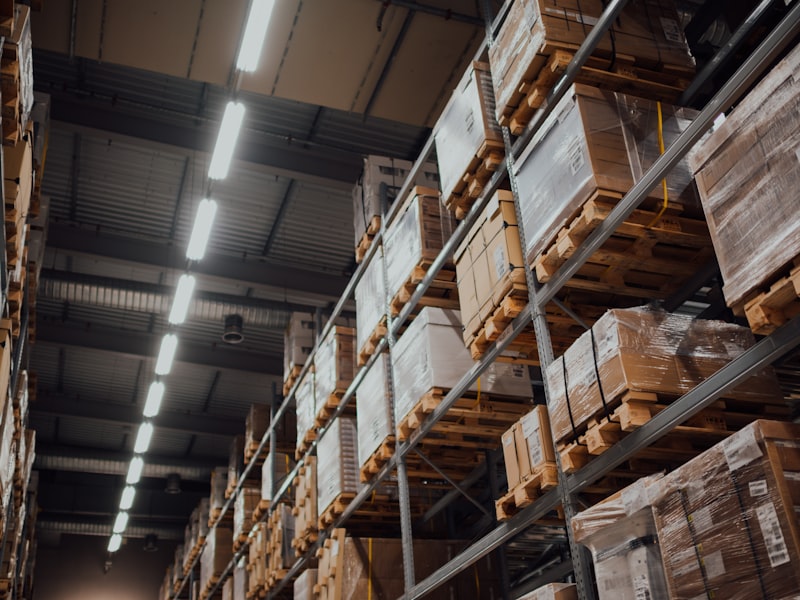 Warehouse racking stocked with palletized goods